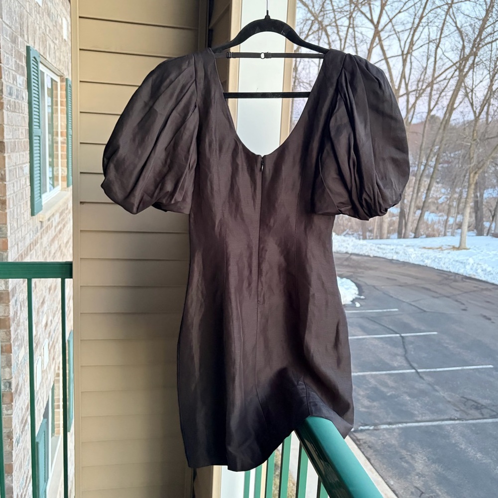 🆕 FRAME Noir Puff Sleeve Mini Dress S/P Black Viscose Linen Blend Party Office - Picture 5 of 17